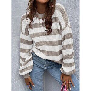 soft knit crew neck preppy striped sweater tan white